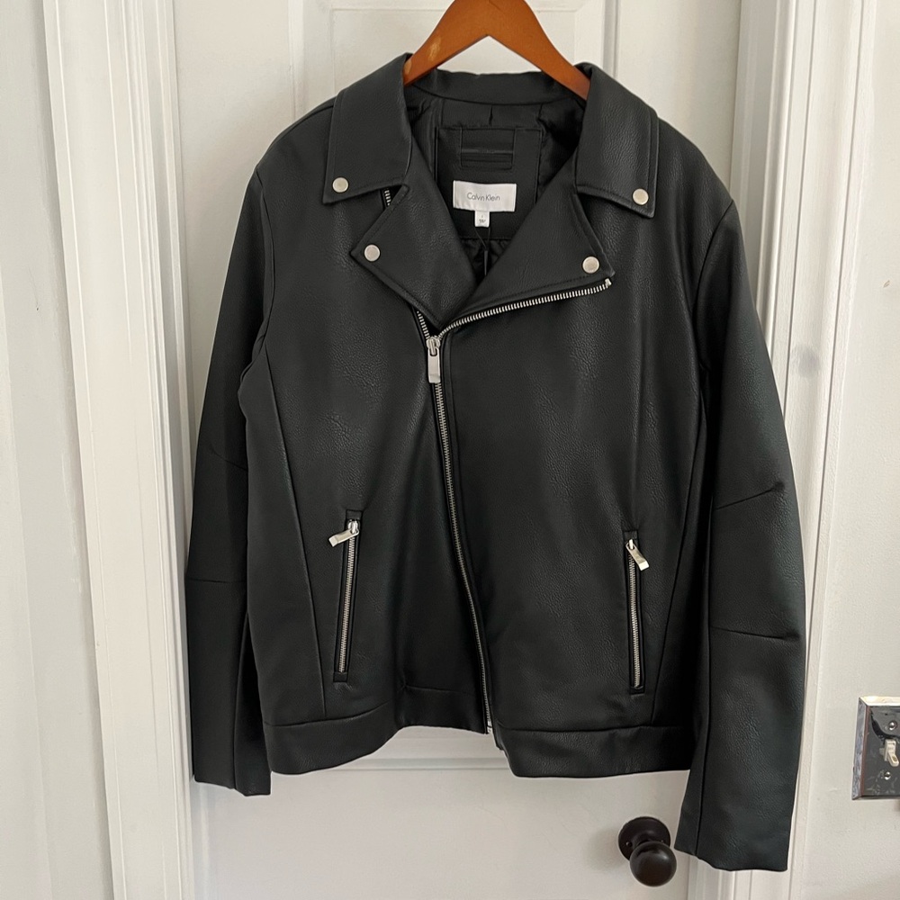 Calvin Klein Faux Leather Biker Moto Jacket Black NWT Sz L‎